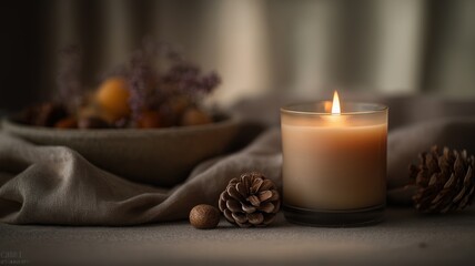 A cozy autumn still life with a single beeswax candle burning, ceramic bowl beside a pinecone and a plate of seasonal fruit on a rustic fabric surface