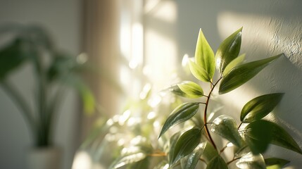 Delicate green leaves illuminated by sunlight, creating a serene indoor garden scene