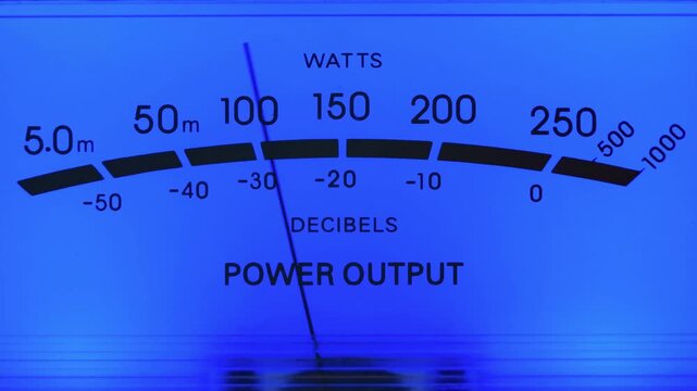 Close-up of an active blue audio vu meter with watt and decibel power output indications