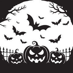 Naklejka premium Dark Halloween vector silhouette graphic with flying bats bare branches and carved pumpkins