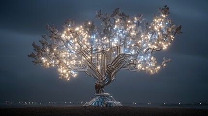 Abstract illuminated tree at night showing AI Artificial Intelligence technology and nature blending seamlessly