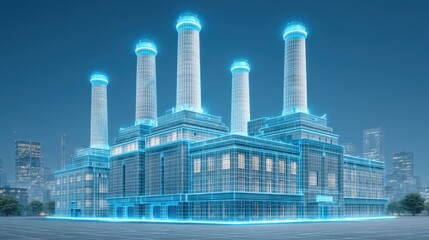 Futuristic power plant with glowing blue holographic overlay and technological advancements showcasing urban energy infrastructure and modern architecture