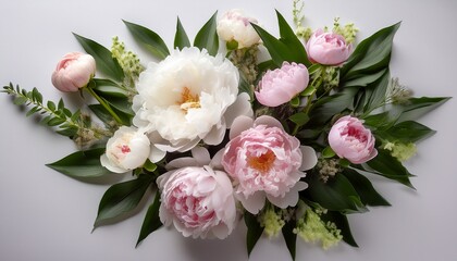 A Bouquet Featuring White And Pink Peonies Green Leaves And Small Flowers Creating An Elegant And Beautiful Floral Arrangement
