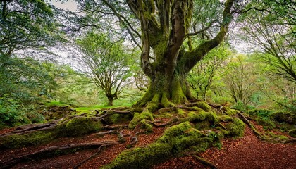 An Ancient Tree With Moss Covered Roots In A Forest Park Northern Ireland