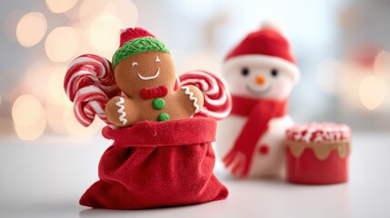 Fototapeta premium Festive Gingerbread Man in a Bag with Candy Canes and Snowman Decoration for Christmas Holiday