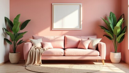 Stylish living room interior features a pink sofa plants and framed art. The space has cozy design warm light and inviting atmosphere. Ideal for home decor magazines blogs or marketing materials.