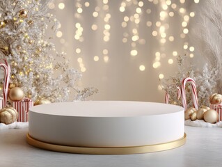 gold podium christmas design. Festive backdrop with a circular platform and decorative elements.