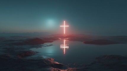 Illuminated Christian cross reflecting on water at dusk representing faith and hope