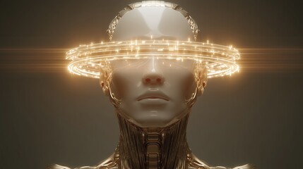 Futuristic AI Artificial Intelligence Woman with Glowing Halo and metallic appearance detailed futuristic art concept