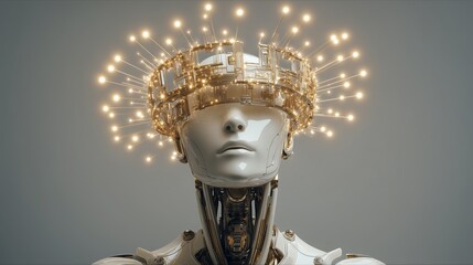Futuristic AI Artificial Intelligence robot adorned with golden headpiece glowing lights and intricate design