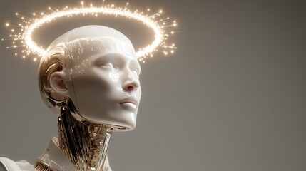Futuristic AI Artificial Intelligence angel with glowing halo robot portrait of digital angel with shiny head and golden neck