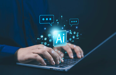 Person typing on laptop with glowing AI chip icon, representing artificial intelligence, machine learning, digital technology, innovation, data processing, and smart automation in modern business.