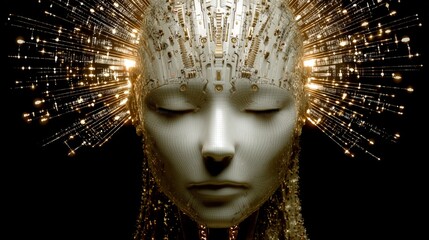 Futuristic portrait of a serene AI Artificial Intelligence woman with closed eyes and intricate golden headpiece, digital art