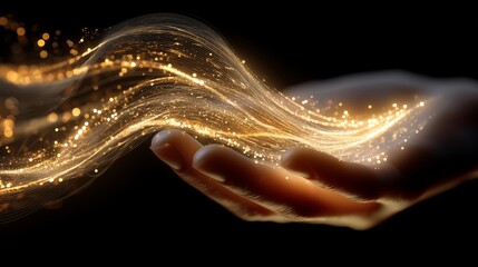 Hand delicately holding AI Artificial Intelligence flowing energy of light in the darkness, concept of creation or giving