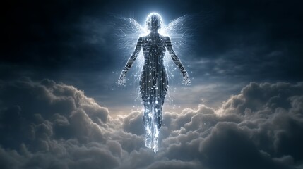 AI Artificial Intelligence mystical ethereal being descends from the heavens with radiant energy and angelic wings against a dramatic backdrop