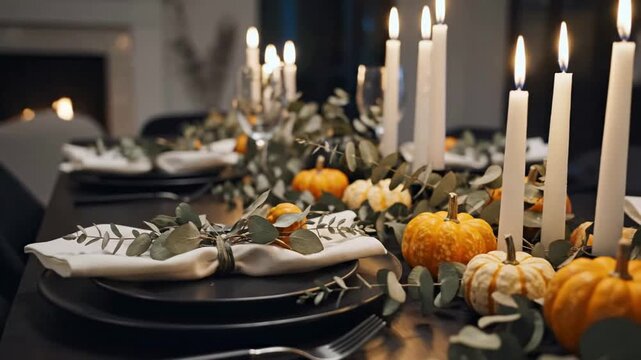 Elegant autumn harvest table setting with glowing candles mini pumpkins and eucalyptus greenery for Thanksgiving or fall celebration dinner party ambiance - Powered by Adobe