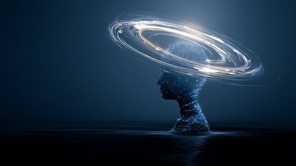 Abstract representation of AI Artificial Intelligence head with luminous halo symbolizing thought processes innovation and intelligence