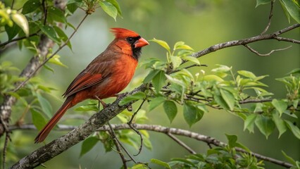 Realistic Northern Cardinal perched on a tree branch in natural habitat, vivid red plumage, black facial mask, green foliage background, wildlife bird photography in daylight