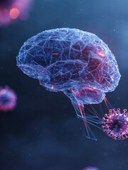 Obraz premium Digital illustration of a human brain connected to virus particles visualizing neurological impact and interaction between infection and neural networks