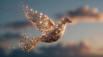 Dove of peace flying freely against sky in motion glittering with AI Artificial Intelligence coding light particles