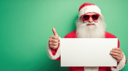 Festive Santa Claus with Sunglasses Holding Blank Sign on Green Background for Christmas Promotions