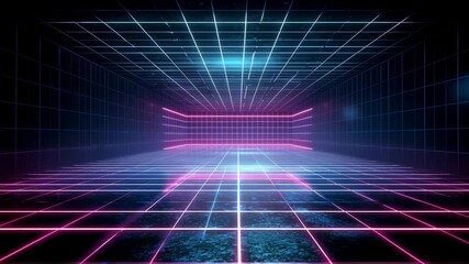 Retro futuristic neon grid tunnel with glowing pink and blue lights - Powered by Adobe