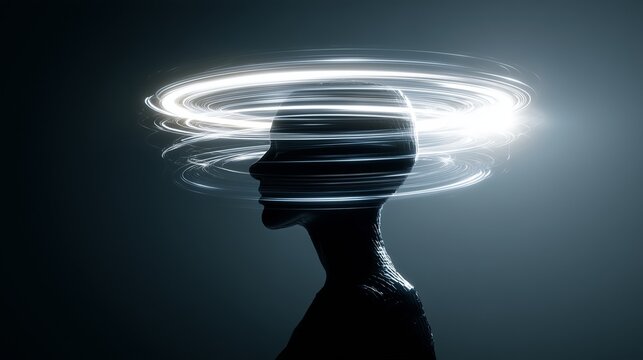 Silhouette of AI Artificial Intelligence head with light trail circling, representing idea and thoughts, in dark background