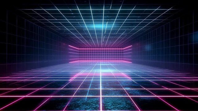 Retro futuristic neon grid tunnel with glowing pink and blue lights - Powered by Adobe