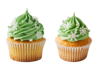 Delicious green cupcake in a cupcake mold with cream beads and snowflakes isolated on transparent background