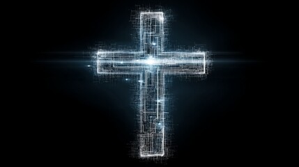 Illuminated digital cross on dark background reflecting faith and hope, abstract art style