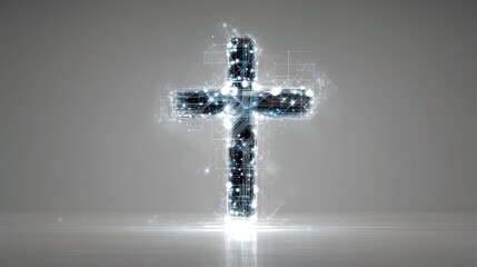 Shining cross made of sparkling blue particles floating in the light representing faith and hope