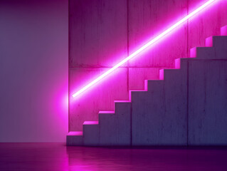 Modern industrial concrete staircase illuminated by vibrant neon pink light that creates futuristic ambiance in an empty minimalistic space