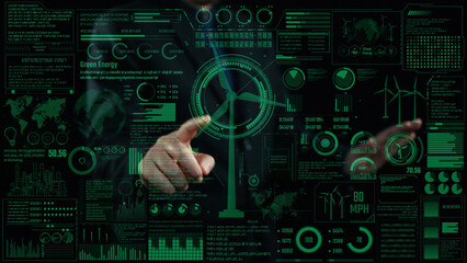 Explore a vivid digital interface showcasing essential data on green energy, emphasizing wind power technology and its vital role in sustainable solutions for the environment. Cipher