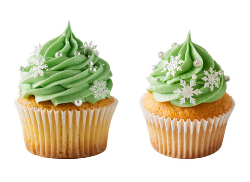 Delicious green cupcake in a cupcake mold with cream beads and snowflakes isolated on transparent background
