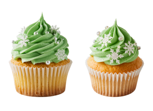 Delicious green cupcake in a cupcake mold with cream beads and snowflakes isolated on transparent background
