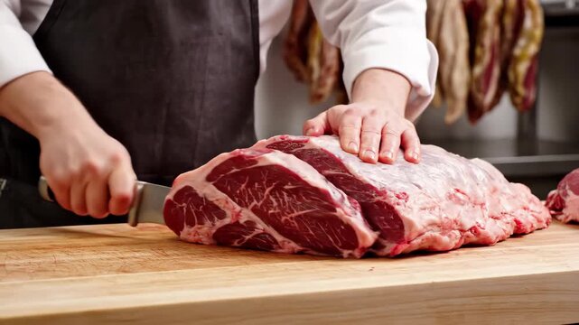 Slicing a Juicy Ribeye Steak on a Wooden Cutting Board