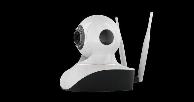 Wireless security camera IP camera rotation animation, seamlessly loopable. 3D rendering isolated on transparent background