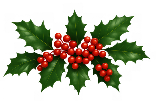 Holly sprig with green leaves and red berries for christmas decoration, festive winter plant, transparent background