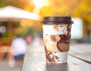 Coffee Cup on Wooden Table in Autumn Park.
