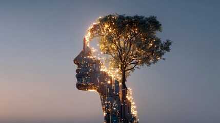 Silhouette of AI Artificial Intelligence woman's head merging with tree representing nature and human synergy with light elements 