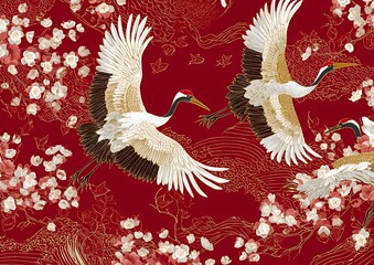 Two japanese cranes in flight against a vibrant red background with cherry blossoms and gold accents