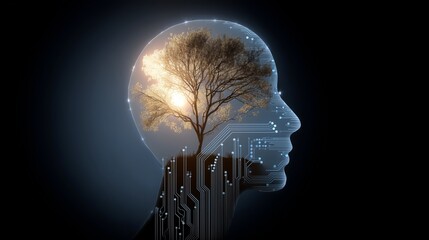 Illustration of AI Artificial Intelligence head silhouette, tree growing inside brain, digital circuit patterns and technological connection