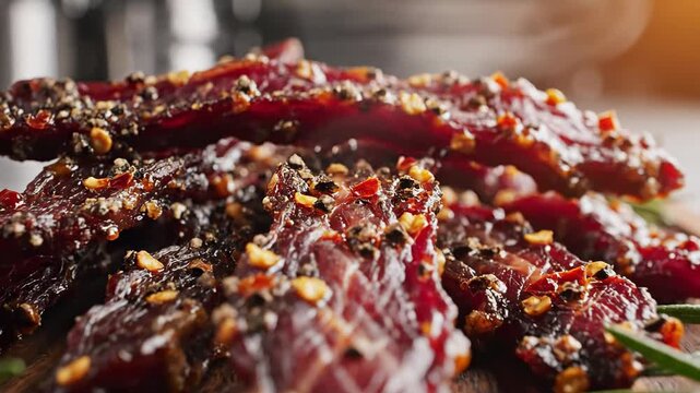 Flavorful Homemade Beef Jerky with Herbs on Wooden Cutting Board