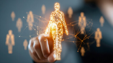 Businessperson using digital network interface to select human icon representing talent acquisition and virtual team connection in technology-driven environment