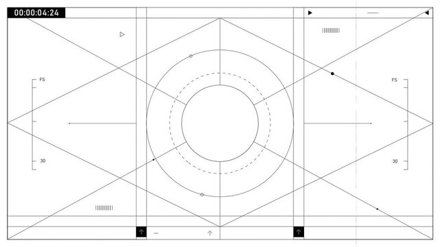 Interface graphique technique en noir et blanc avec formes g&eacute;om&eacute;triques et &eacute;l&eacute;ments de cadrage vid&eacute;o, cercle central et rep&egrave;res de composition &eacute;voquant un concept num&eacute;rique de transition visuelle 