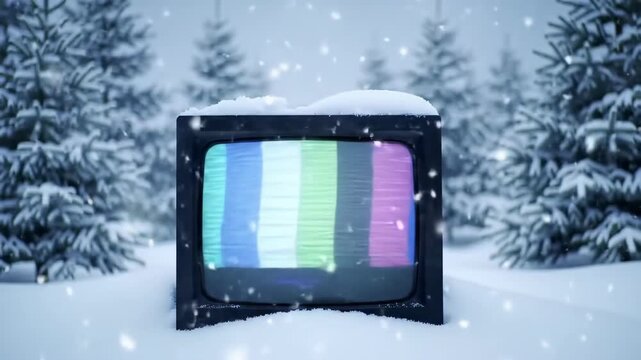 A vintage cathode ray tube television displaying a classic no-signal test pattern sits amidst a silent, snow-covered winter forest, capturing a scene of nostalgic isolation and past technology