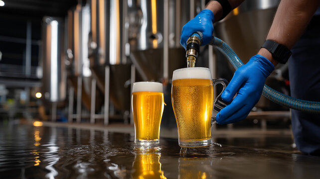 Faceless worker transferring beer between tanks using flexible hoses, stainless steel reflections and golden liquid visible, with copy space.
