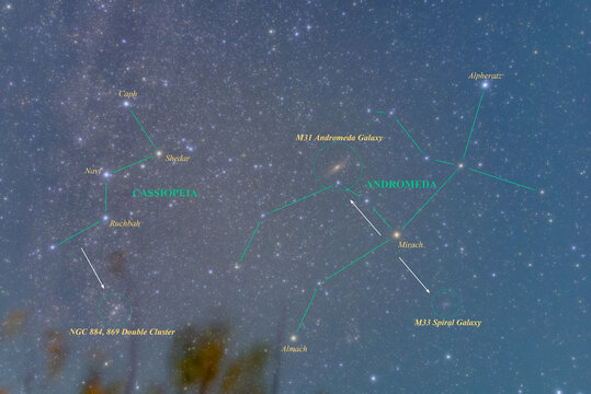 Constellation guide (How to find), Andromeda, Cassiopeia and deep sky objects (M31 Andromeda Galaxy, M33 Spiral Galaxy, NGC 869, 884 Double Cluster) (Autumn season)
