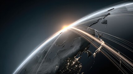 Global network connection digital infrastructure sunrise, Earth technology, communication worldwide, futuristic