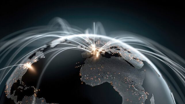 Global network connection digital world map, glowing lines and dots, modern worldwide infrastructure, technology, communication, data transfer